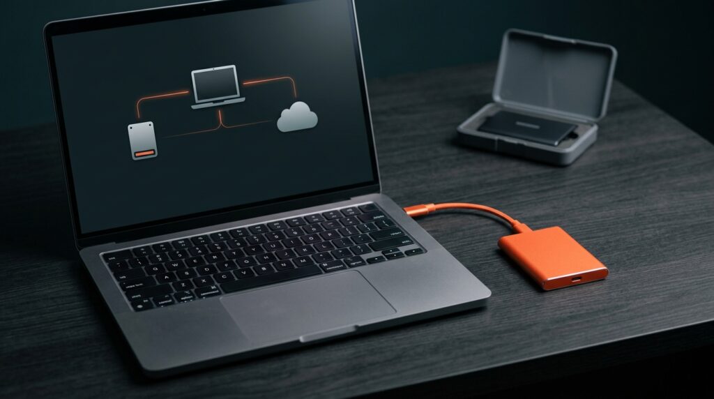 Laptop mit angeschlossener externer SSD und drei dargestellten Speicherorten für ein 3-2-1-Backup
