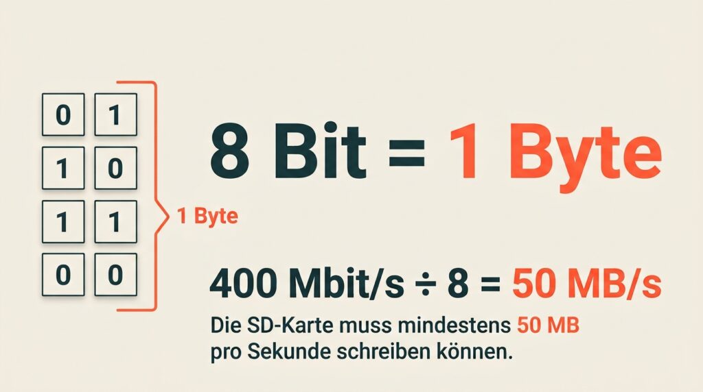Umrechnung von 400 Mbit pro Sekunde in 50 Megabyte pro Sekunde anhand der Formel 8 Bit gleich 1 Byte.