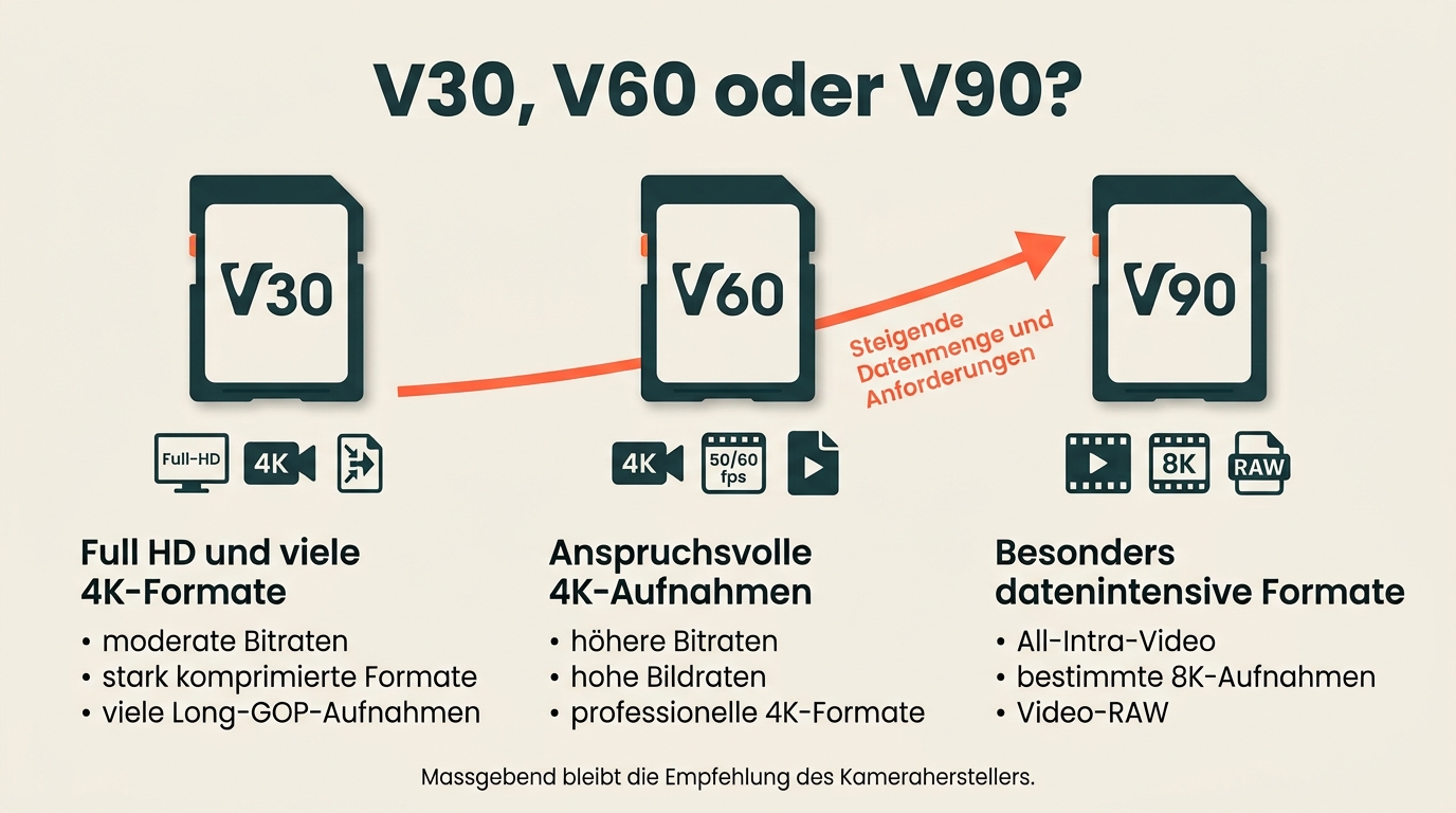 Vergleich der Video Speed Classes V30, V60 und V90 für Full HD, 4K, All-Intra, 8K und Video-RAW.