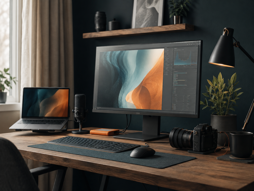 Kreativer Arbeitsplatz mit Monitor, Laptop, Mikrofon und Kamera