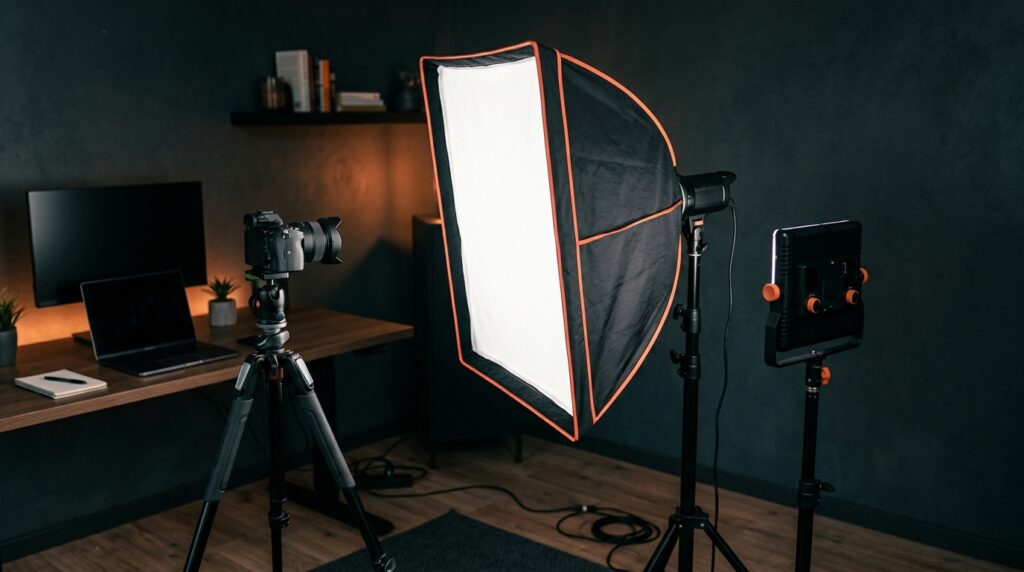 Videolicht für YouTube mit Softbox, LED-Panel und Kamera