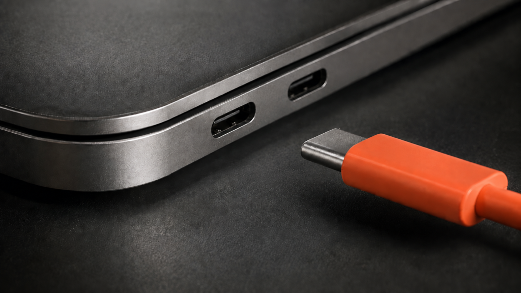 USB-C-Kabel fürs Notebook auf einem Schreibtisch