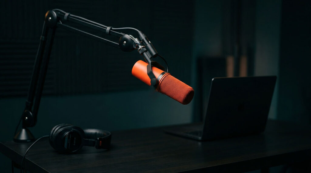 Podcast-Setup für eine Person mit orangefarbenem Mikrofon vor dunklem Hintergrund.