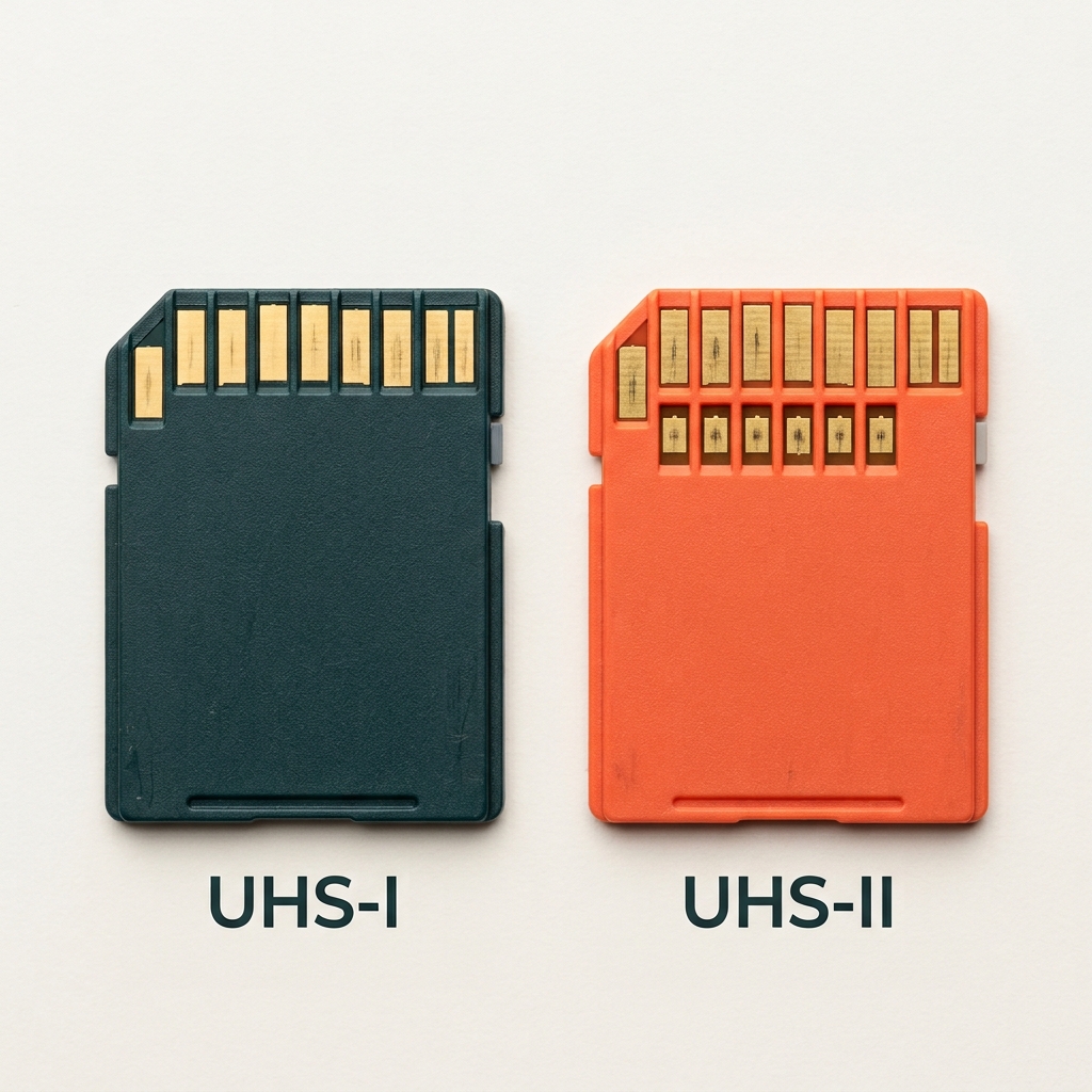 UHS-I-SD-Karte mit einer Kontaktreihe und UHS-II-SD-Karte mit zwei Kontaktreihen.