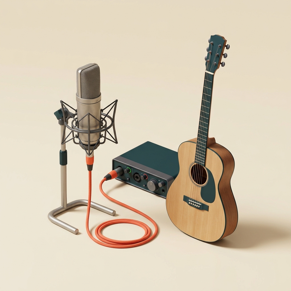 Mikrofon, Gitarre und Audiointerface für Gesangs- und Instrumentenaufnahmen
