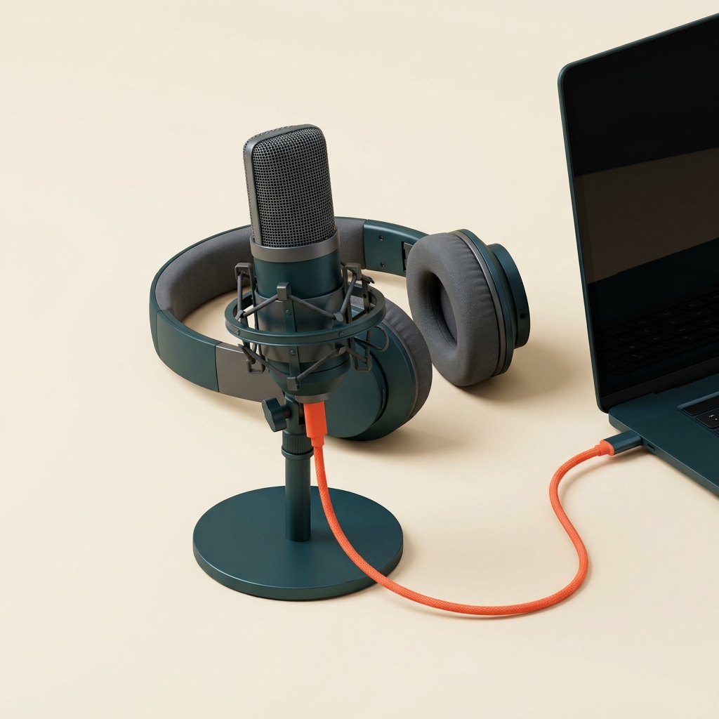 USB-Mikrofon und Kopfhörer für einen Podcast mit einer Person