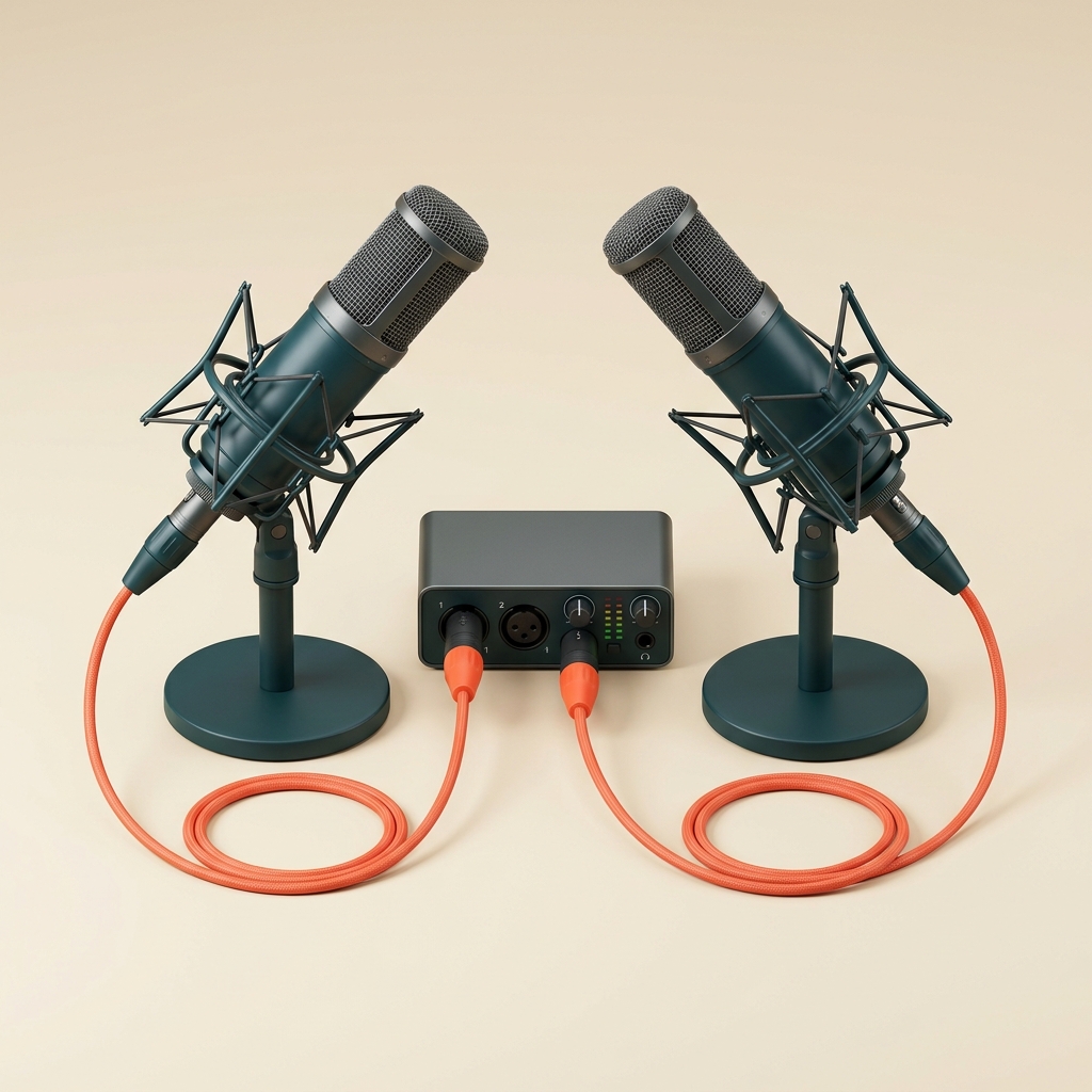 Zwei XLR-Mikrofone mit Audiointerface für Podcast und Interview