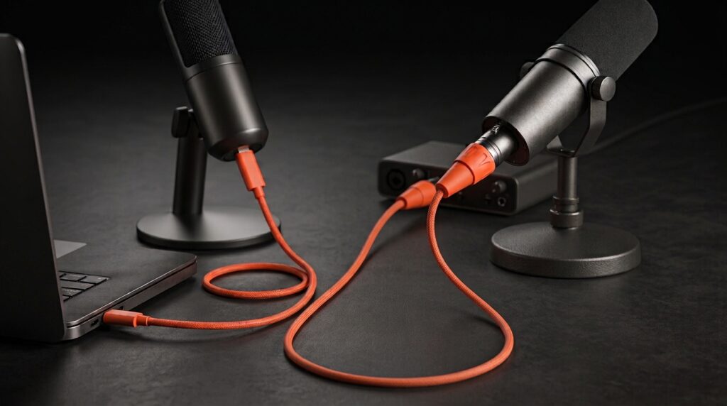 USB-Mikrofon direkt am Laptop und XLR-Mikrofon über ein Audiointerface angeschlossen