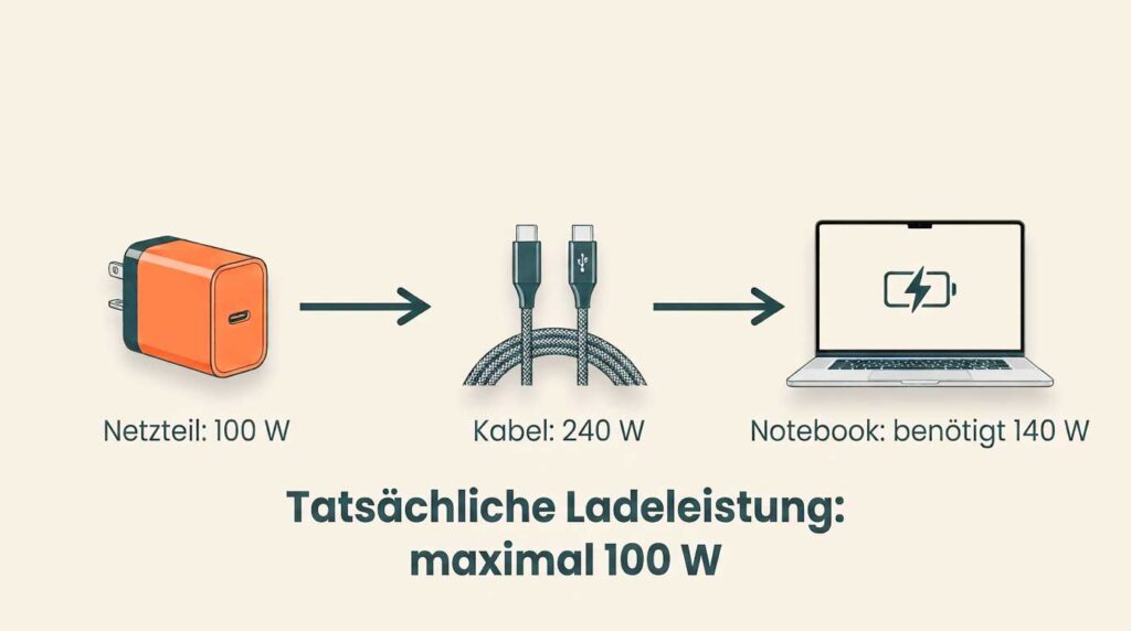 Notebook, USB-C-Kabel und Netzteil bestimmen gemeinsam die Ladeleistung.