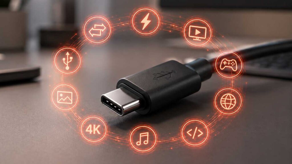 USB-C-Kabel mit Symbolen für Laden, Daten und Bildübertragung