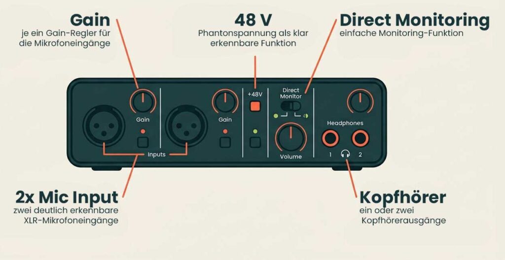 Wichtige Anschlüsse und Funktionen eines Audio-Interfaces für zwei Mikrofone