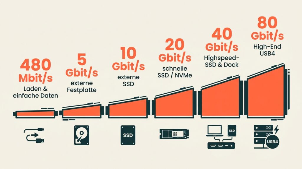 USB-C-Datenraten von 480 Mbit/s bis 80 Gbit/s im Vergleich