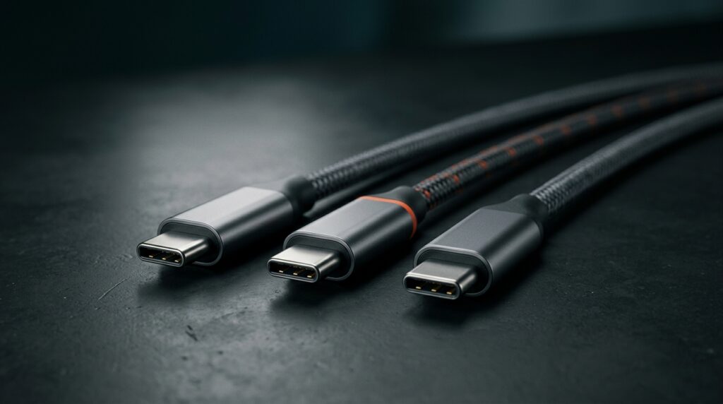 Mehrere ähnlich aussehende USB-C-Datenkabel mit unterschiedlichen Geschwindigkeiten