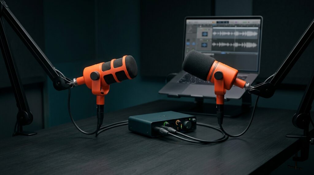 Zwei Podcast-Mikrofone über ein Audio-Interface mit einem Computer verbunden