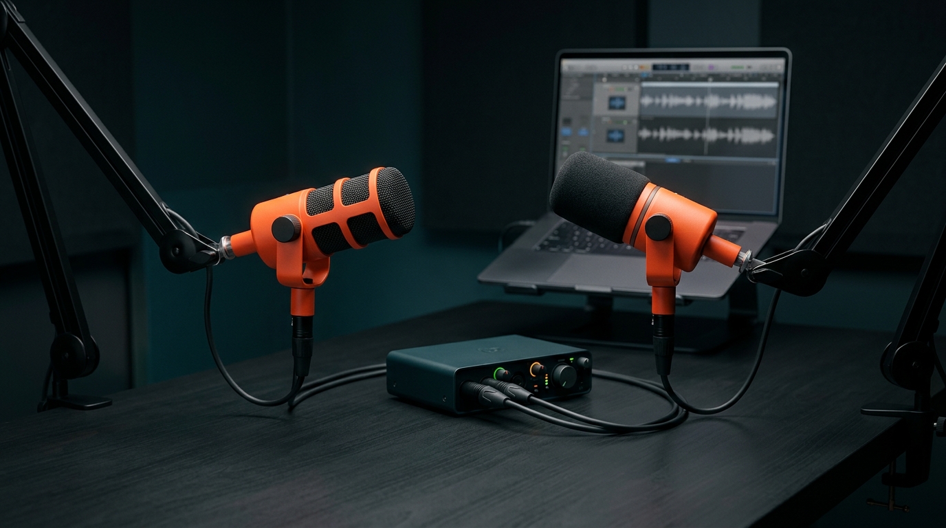 Zwei Podcast-Mikrofone über ein Audio-Interface mit einem Computer verbunden